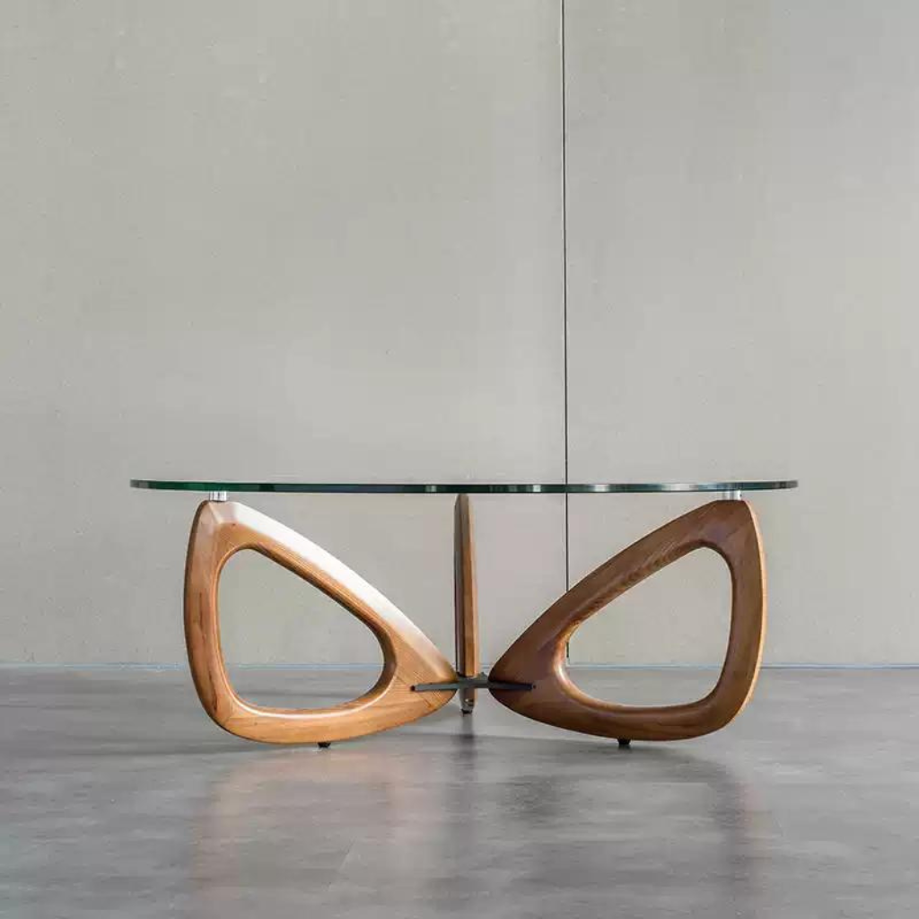 6JOHAN BUTTERFLY LOW TABLE ウォルナットベースとガラス天板の組み合わせ 構造美が際立つデザインテーブル