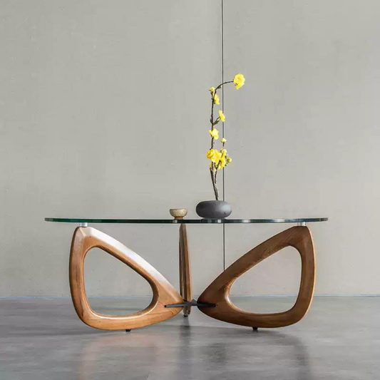 6JOHAN BUTTERFLY LOW TABLE ウォルナット無垢材とガラス天板のローテーブル 彫刻的デザイン家具
