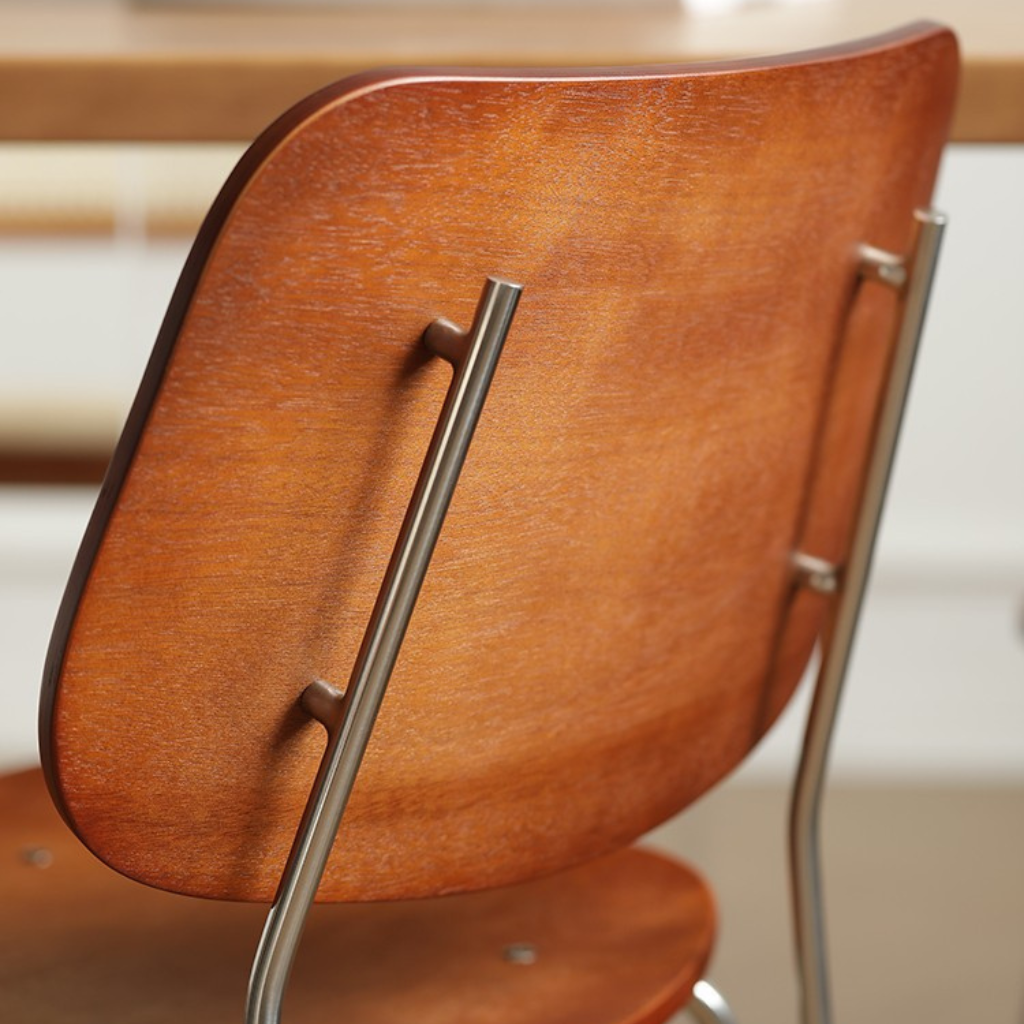 6JOHAN Industrial Plywood Chair 背面ディテール 無垢材の質感とスチールフレームのコントラスト
