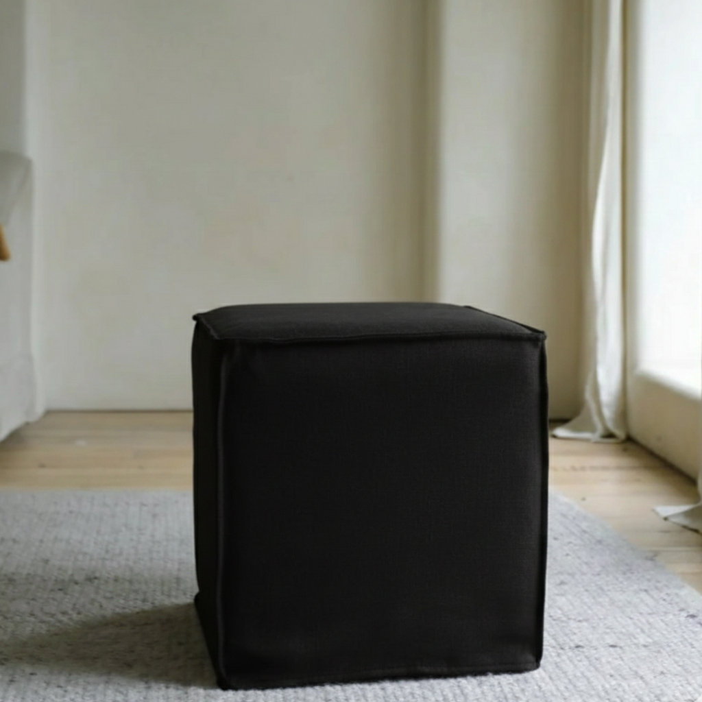 天然リネンのオットマン 42cm ブラックカラー