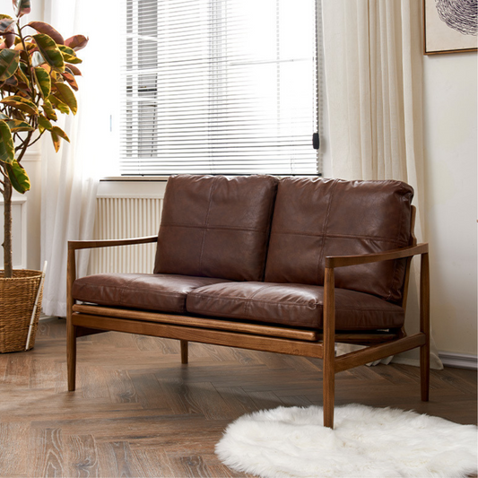 6JOHAN Natural Leather Sofa ブラウンレザーとウォルナットフレームの2人掛けソファ ナチュラルモダンインテリア
