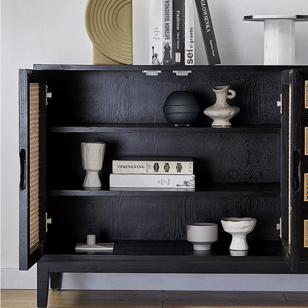 6JOHAN Rattan Wood Sideboard 内部収納ディテール オープンスペースと引き出しを備えた実用的な構造
