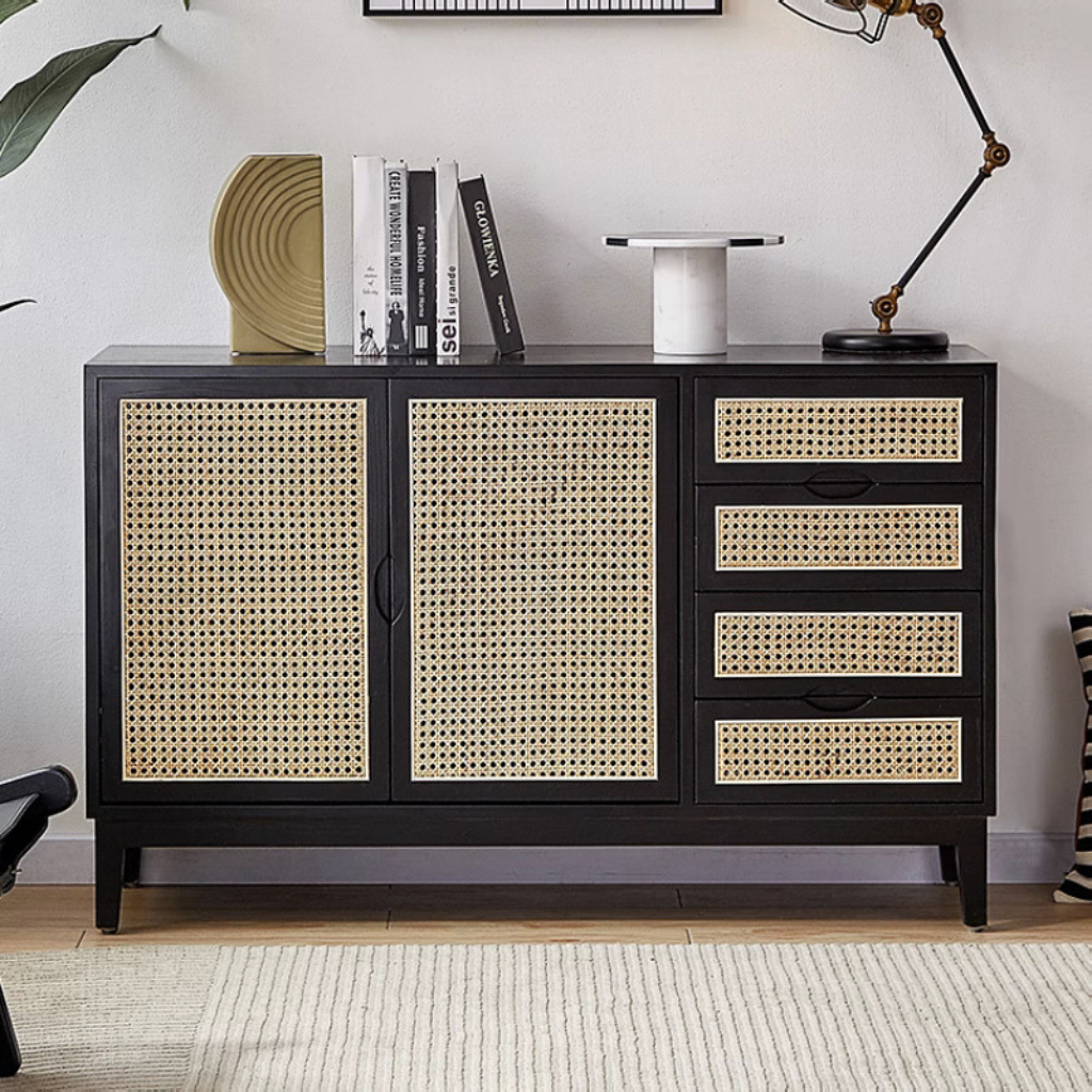 6JOHAN Rattan Wood Sideboard ブラックウッド仕上げの天板ディテール 高級感あるマットな質感
