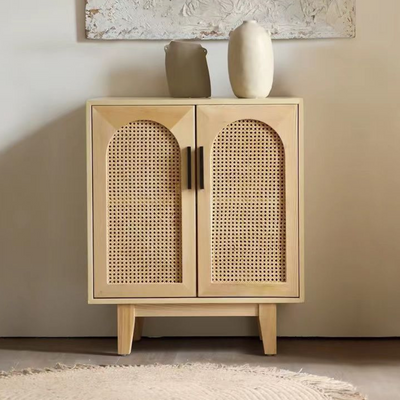 タモ材とラタン扉を組み合わせた幅80cmの木製チェスト