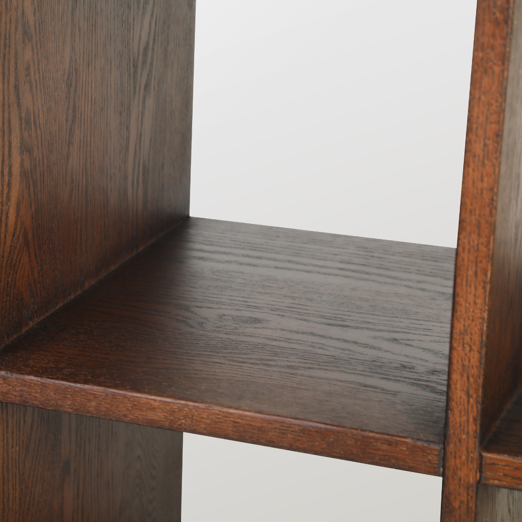 6JOHAN Traditional Display Shelf 無垢材のサイドディテール クラフト感のある日本的デザイン家具

